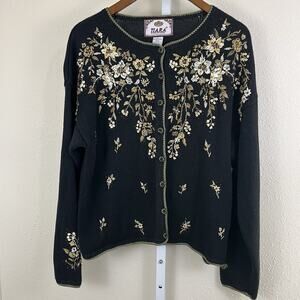 Vintage Y2K Tiara International Cardigan L Large Black Sequins Embroidered
